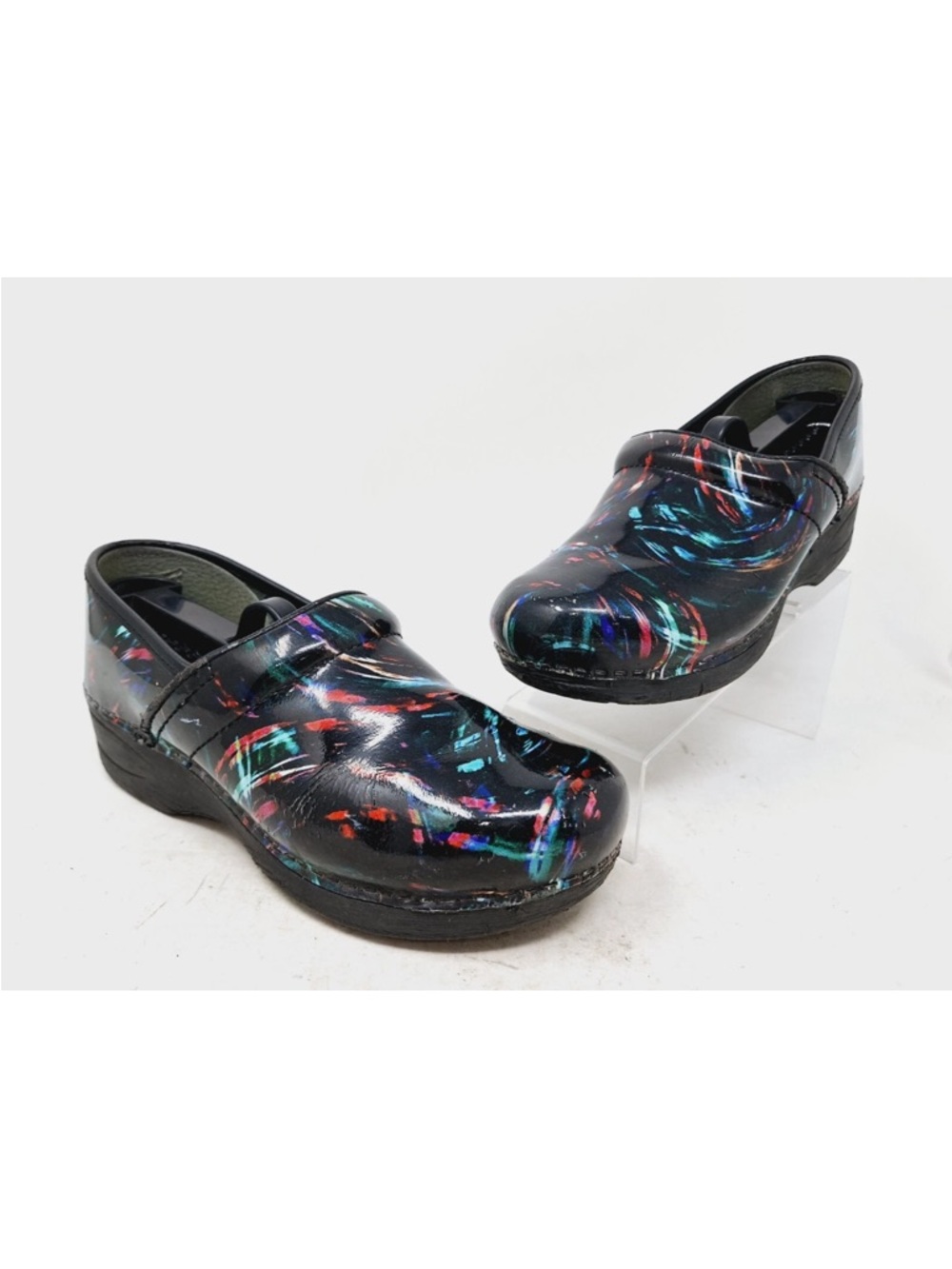 Dansko Black Clogs with Multicolor Brushstroke Print, EUC